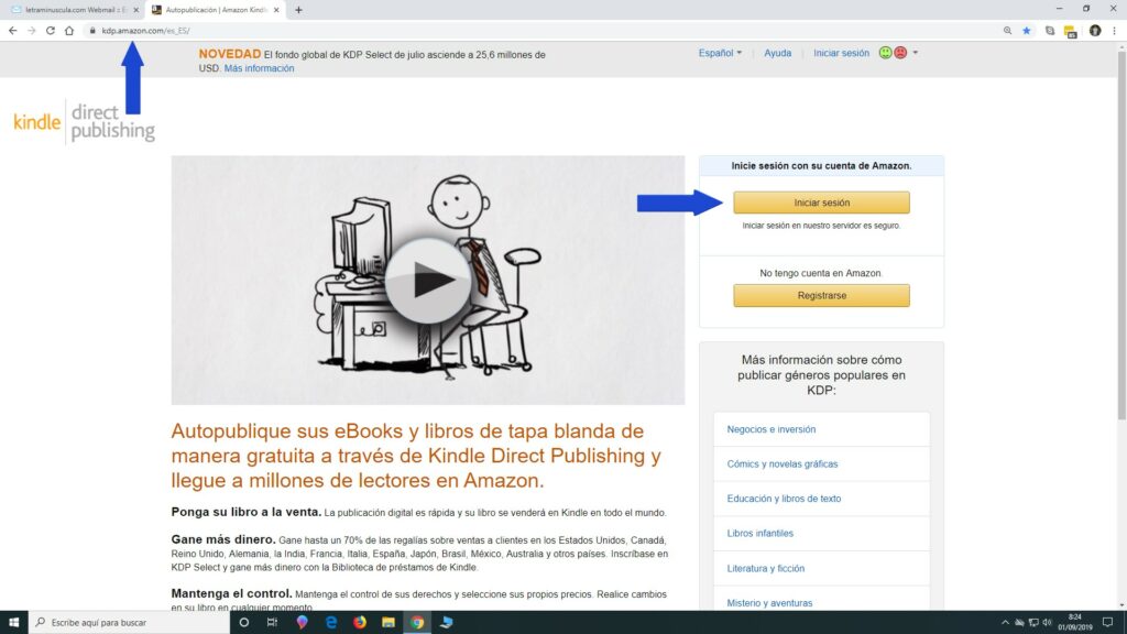 Entrar la cuenta de Amazon KDP
