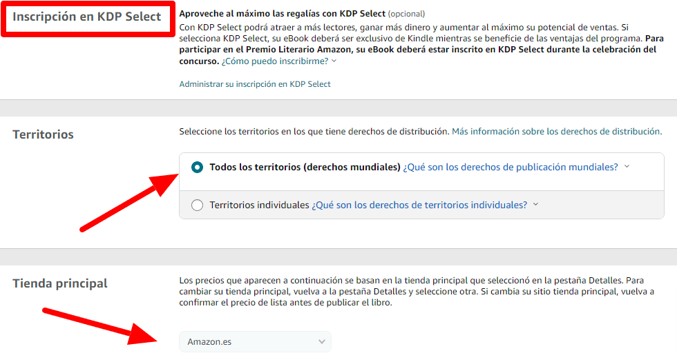 10. Inscripción en KDP Select, territorios y tienda principal ebook Amazon KDP
