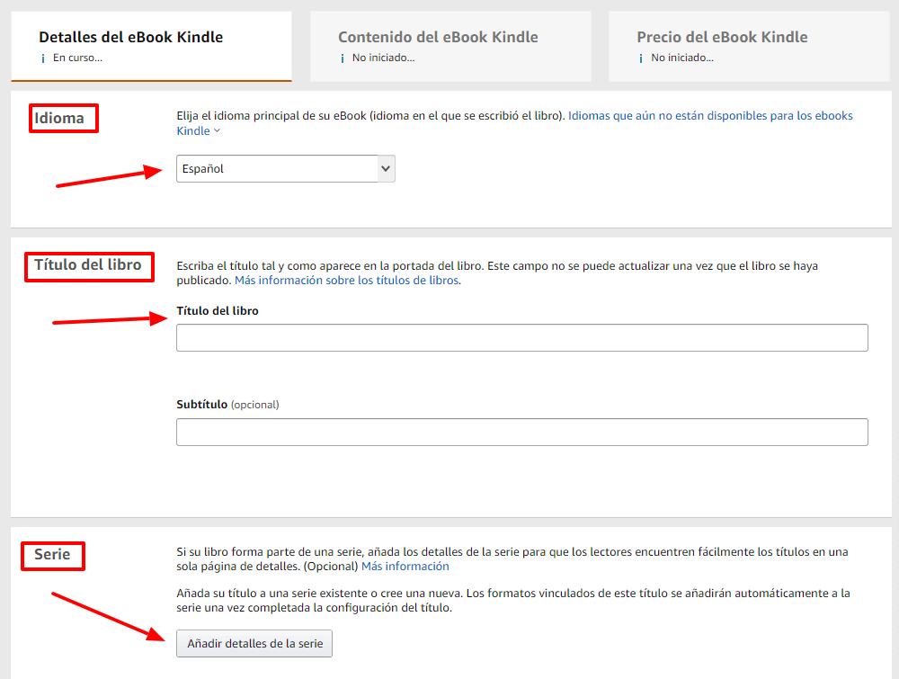 3. Anadir idioma, título y serie a ebook en Amazon KDP