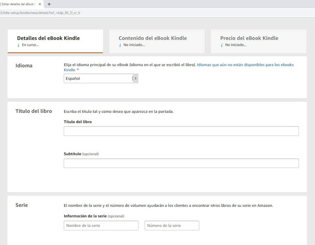 Poner idioma, título y serie en Amazon KDP.