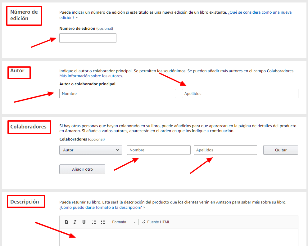 4. Añadir número de edición, autor, colaboradores y descripción ebook en Amazon KDP