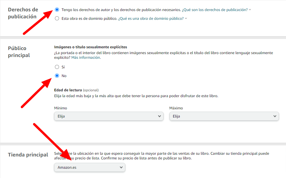 5. Elegir la opción de derechos de publicación, público principal, edad de lectura (opcional) y tienda principal