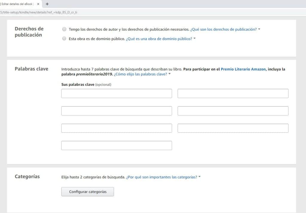 Derechos de publicación y categorías en Amazon KDP