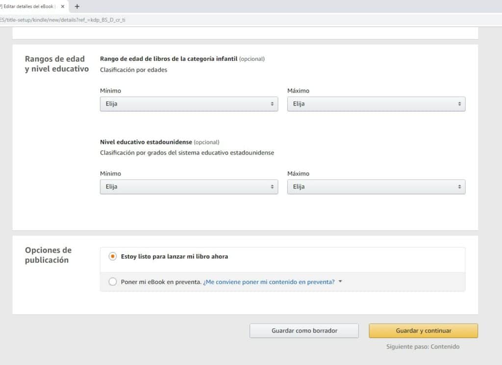Rango de edad y opciones de publicación en Amazon KDP