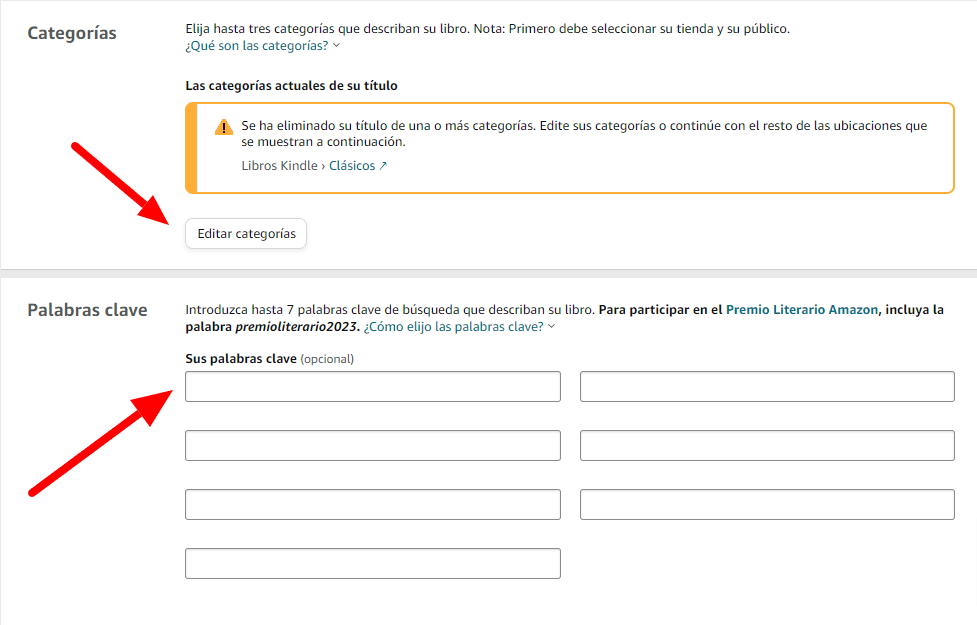 6. Elegir las categorías y las palabras clave.