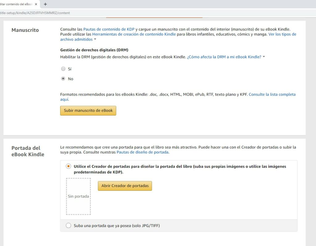 Subir manuscrito y portada en Amazon KDP